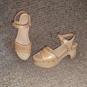 SANDRO-Audrey-Tan Leather-Contrast Stitch-Ankle Strap-Wood Heel-Sz 37/6.5-NM